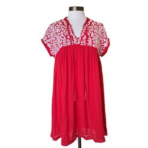 J MARIE Red Floral Embroidered Mini Dress Size Small Boho Boxy
